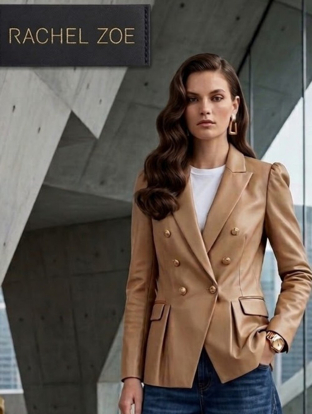 Rachel Zoe Camel Leather Double-Breasted Blazer with Gold Buttons